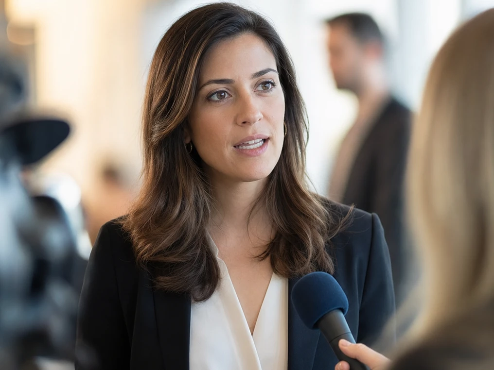 Pressesprecherin gibt ein Interview vor der Kamera.
