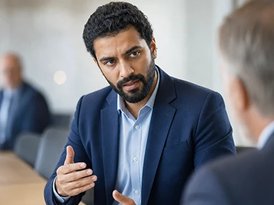 Referent erläutert Zusammenhänge in einer Besprechung.