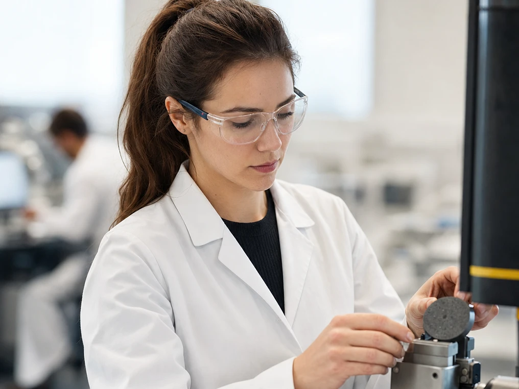 Laborantin spannt eine Werkstoffprobe in eine Prüfmaschine ein.