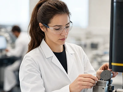 Laborantin spannt eine Werkstoffprobe in eine Prüfmaschine ein.